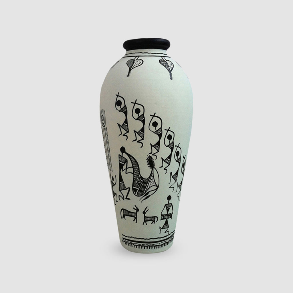 15.2 cm Terracotta Handpainted Warli Round Shaped Vase In White