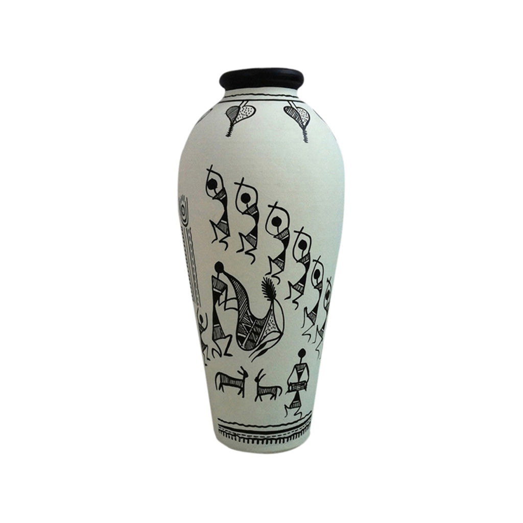 15.2 cm Terracotta Handpainted Warli Round Shaped Vase In White