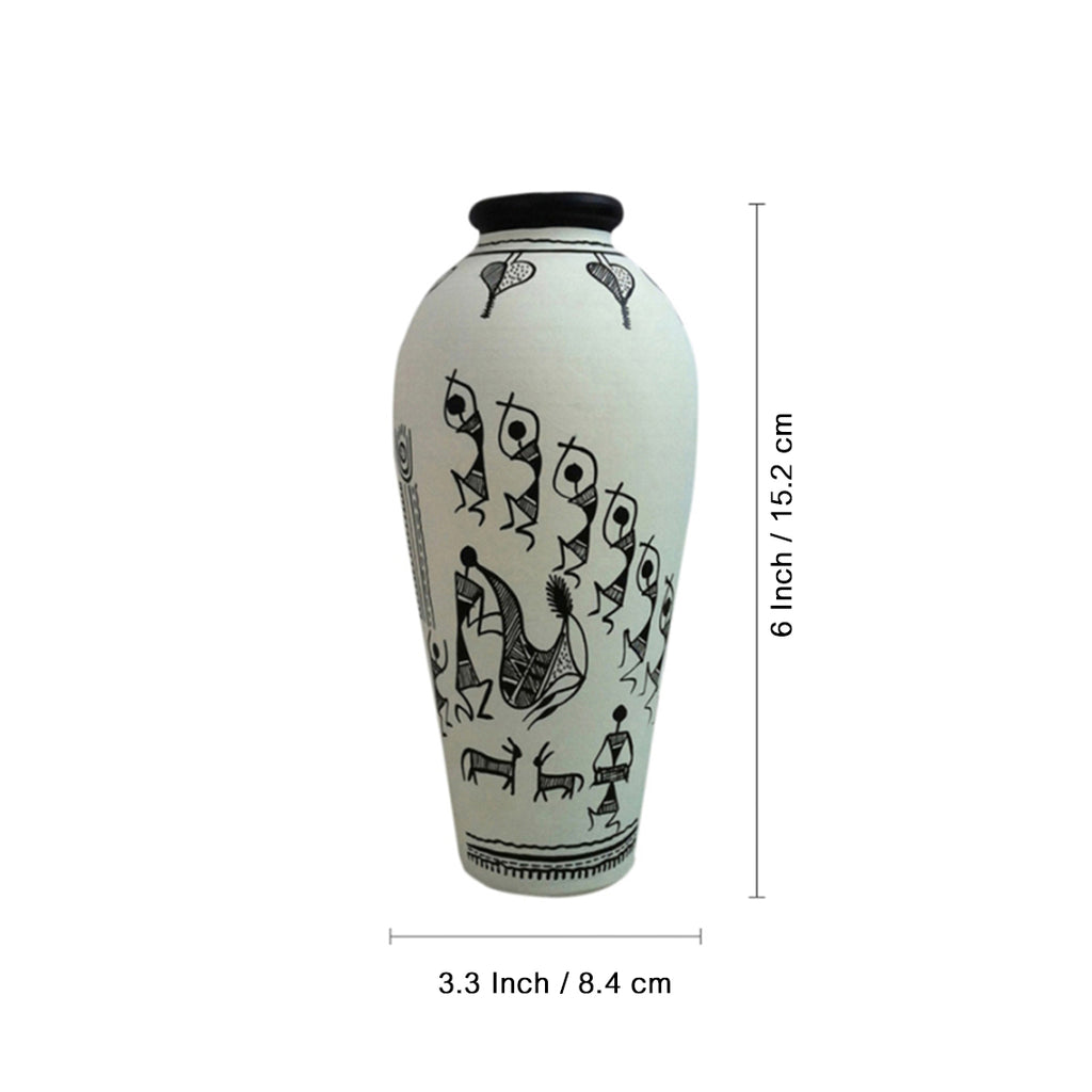 15.2 cm Terracotta Handpainted Warli Round Shaped Vase In White