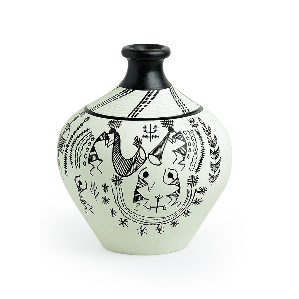 15.2 cm Terracotta Handpainted Warli Matki Shaped Vase In White