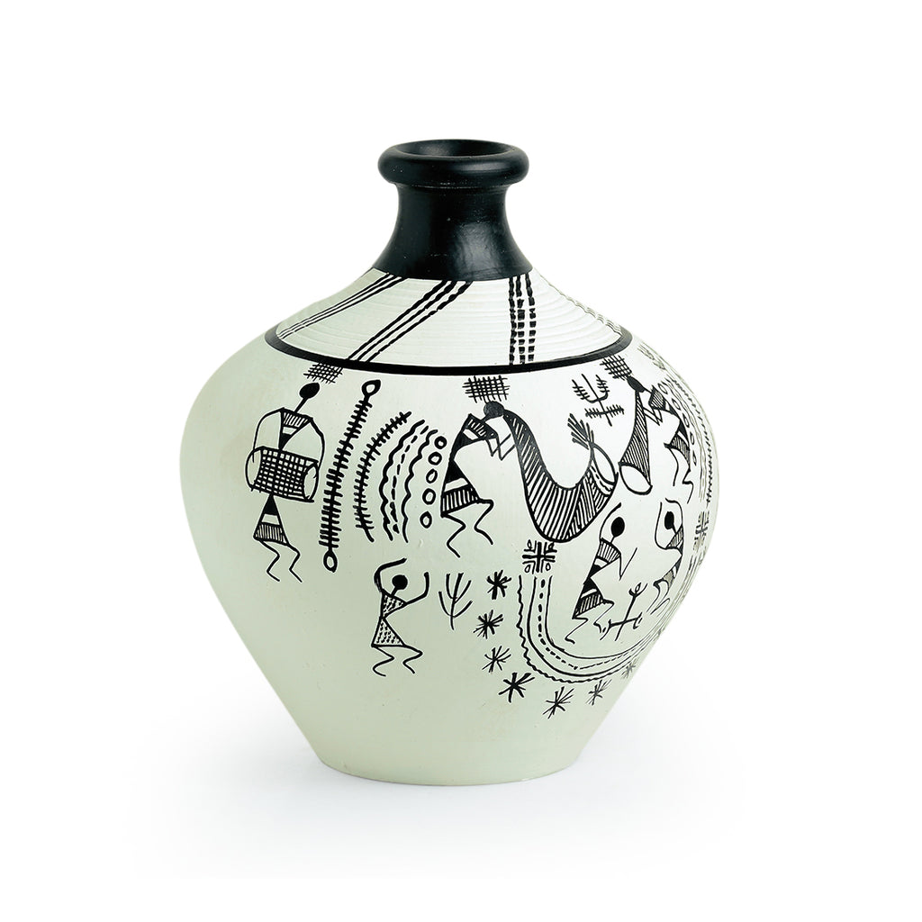 15.2 cm Terracotta Handpainted Warli Matki Shaped Vase In White