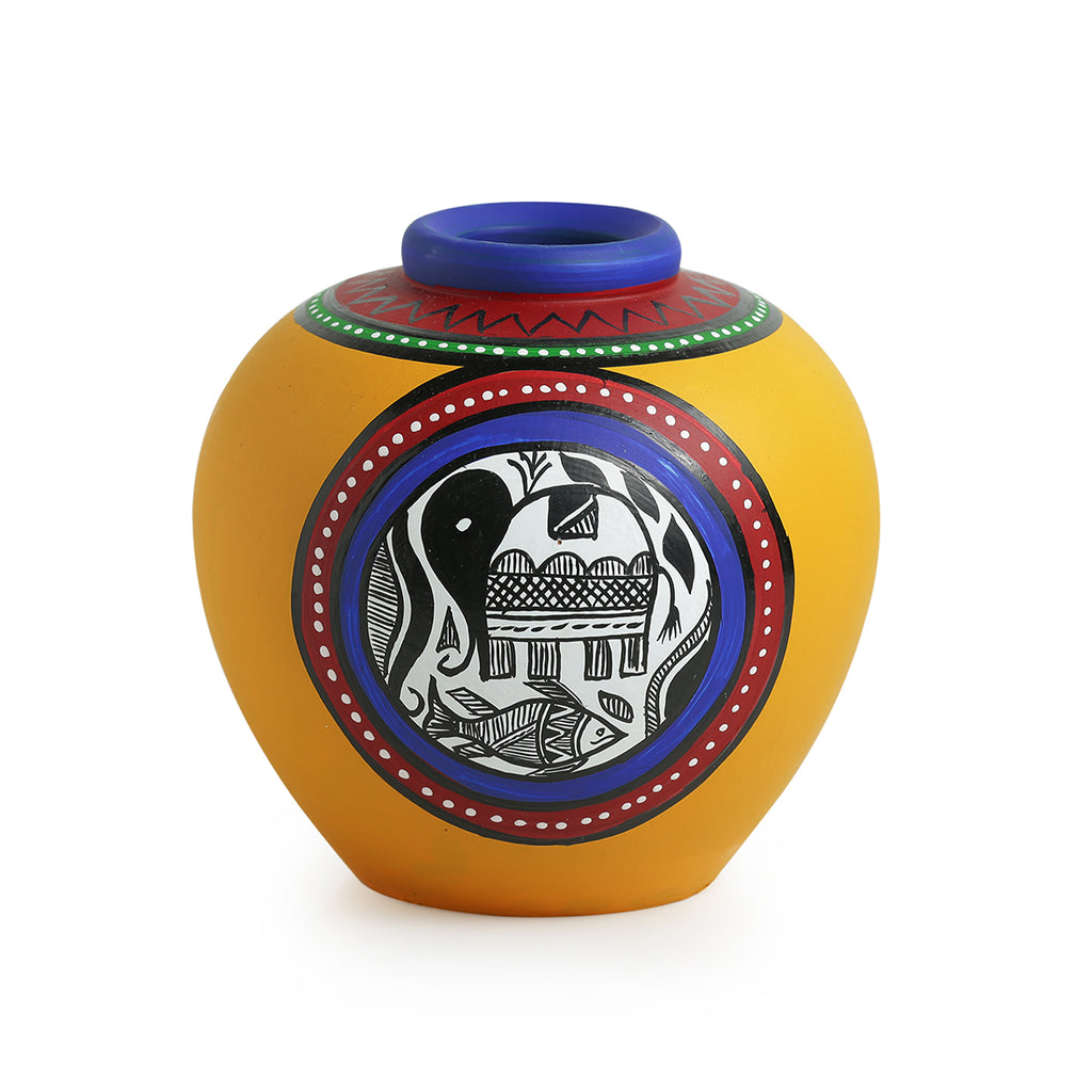 15.2 cm Terracotta Handpainted Yellow Matki Shaped Vase In Yellow