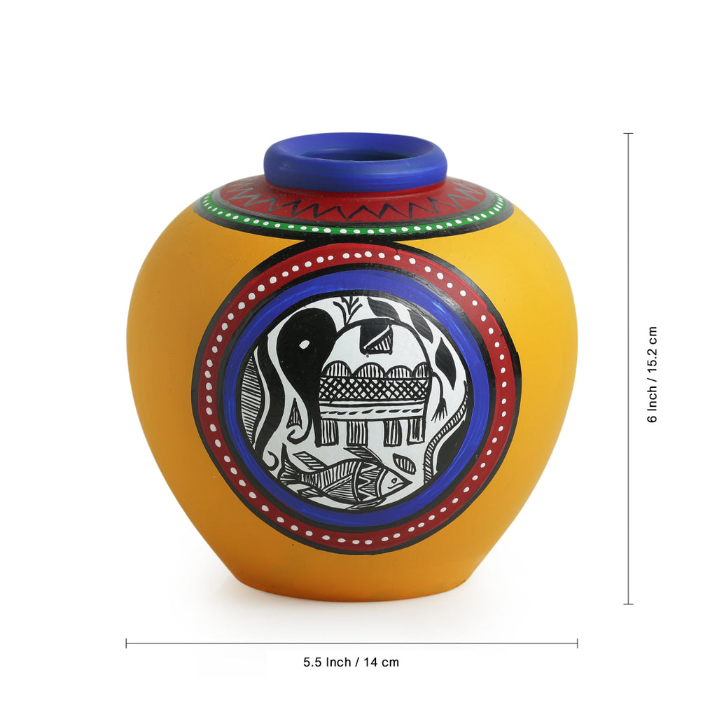 15.2 cm Terracotta Handpainted Yellow Matki Shaped Vase In Yellow