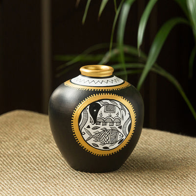 'Round Matka' Vase With Intricate Madhubani Hand-Painting In Terracotta (5.5 Inches)