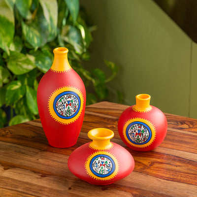 Red Pear & Matkis Trio' Warli Hand-Painted Vases In Earthen Terracotta (Set of 3 | Tango Red)