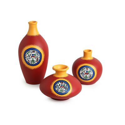 Red Pear & Matkis Trio' Warli Hand-Painted Vases In Earthen Terracotta (Set of 3 | Tango Red)
