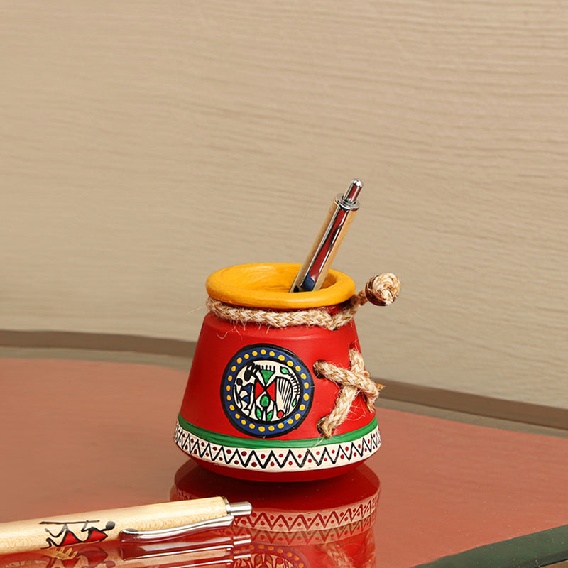 Terracotta Warli Handpainted  Pen Stand Knitted Red