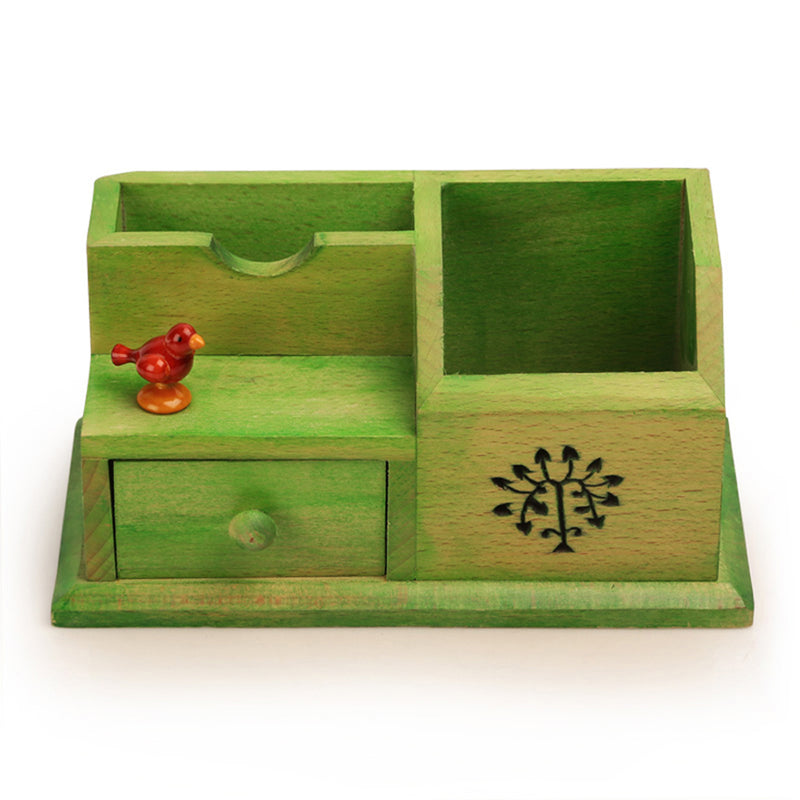 Wooden Multipurpose Table Organiser With Tree Carving and Parrot