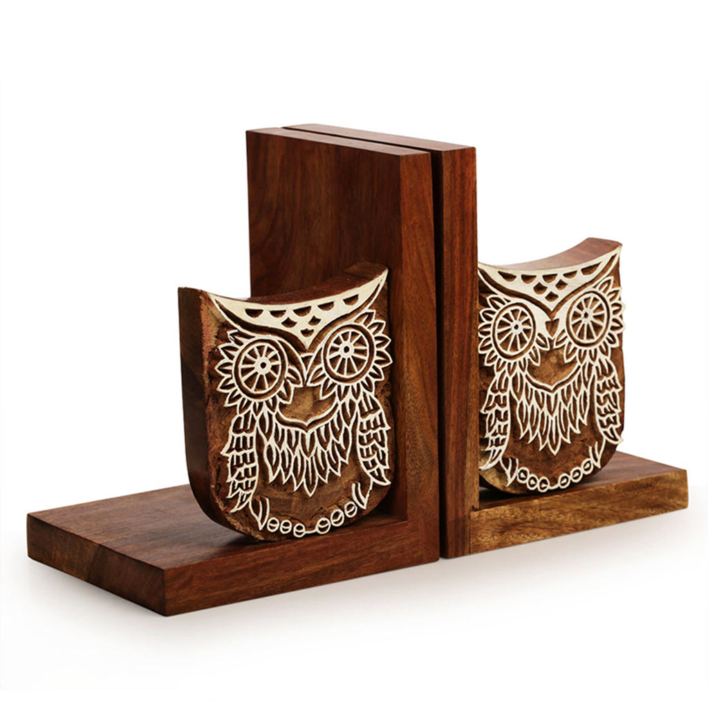 Wooden Hand Engraved Owl Book End In Sheesham Wood