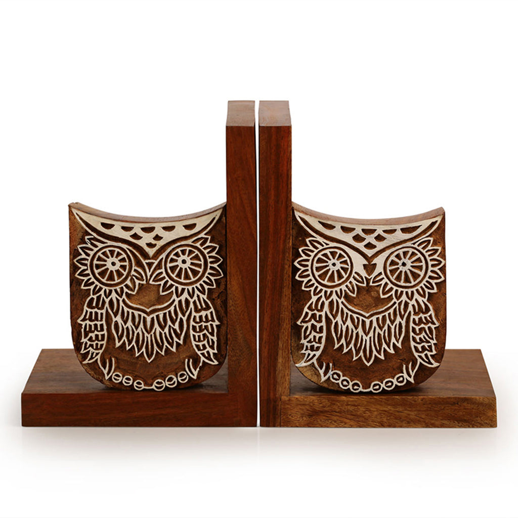 Wooden Hand Engraved Owl Book End In Sheesham Wood