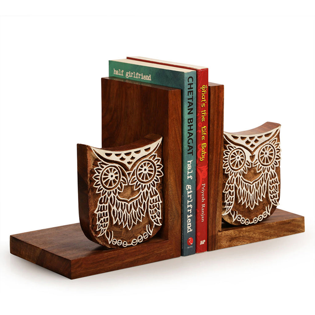 Wooden Hand Engraved Owl Book End In Sheesham Wood