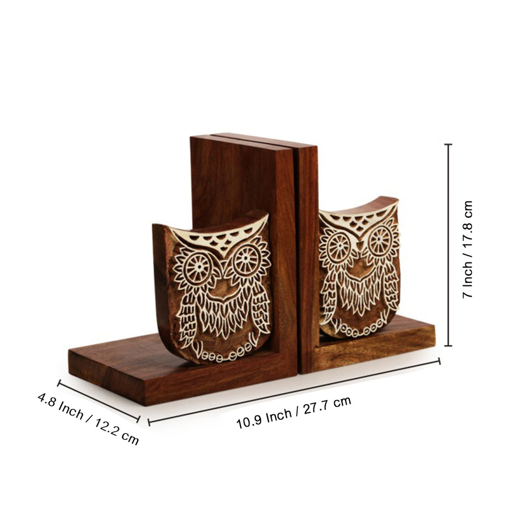 Wooden Hand Engraved Owl Book End In Sheesham Wood