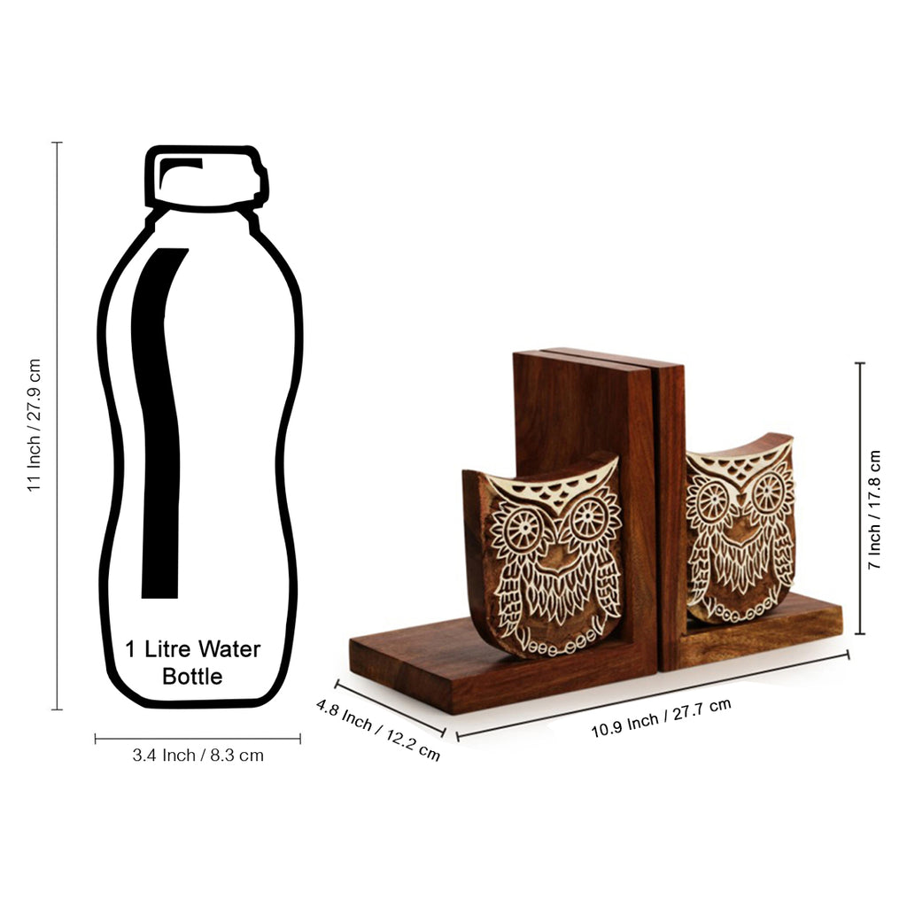 Wooden Hand Engraved Owl Book End In Sheesham Wood