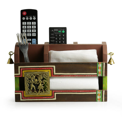 'Dhokr-A-Rrange' Hand-Painted  Wooden Table Organiser With Brass Figurines