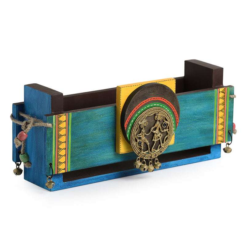 Turquoise Blue Wooden Magazine & Newspaper Stand With Dhokra Art