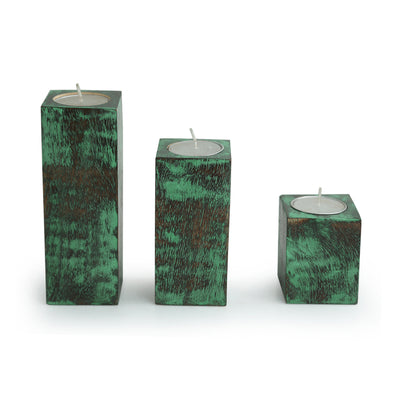 'Teal Blocks' Antique Finish Tea Light Holders In Mango Wood (Set of 3)