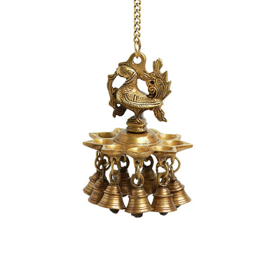 Peacock Bliss' Hand-Etched Decorative Hanging Diya With Bell In Brass (9 Diyas & Bells | 983 Grams)