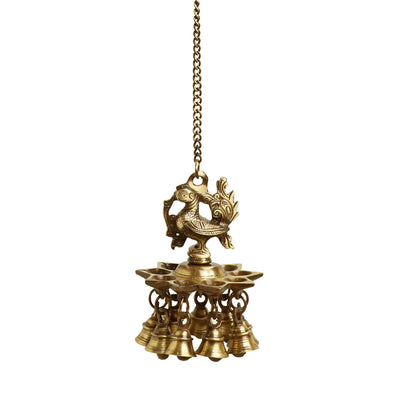 Paradise Peacock' Hand-Etched Decorative Hanging Diya With Bell In Brass (9 Diyas & Bells | 983 Grams)