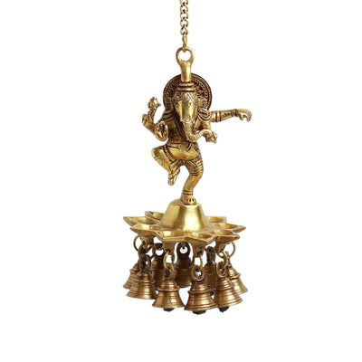 Swaying Ganesha' Hand-Etched Decorative Hanging Diya With Bell In Brass (9 Diyas & Bells | 1209 Grams)