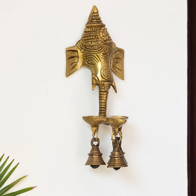 'Gleeful Ganesha Hand-Etched Decorative Wall Hanging Diyas With Bells In Brass (500 Grams)