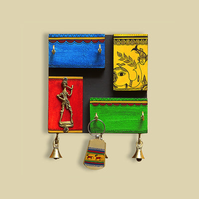 'In-Key-Geneous' Warli Hand-Painted Wooden Key Holder With Dhokra Art