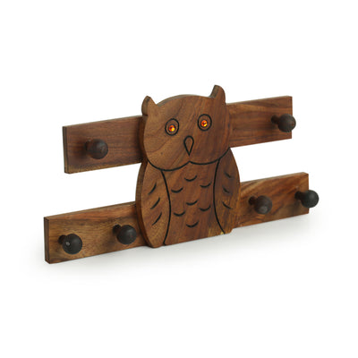 Owl On The Wall' Hand Carved Key Hook In Sheesham Wood (6 Hooks)
