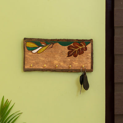 'Shades of a Leaf' Hand-Painted Key Holder In Mango Wood (5 Hooks)