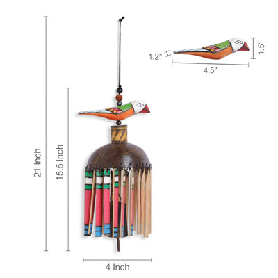Multicoloured Wooden Handmade & Hand-Painted Bird Wind Chime With Kutchh Bell