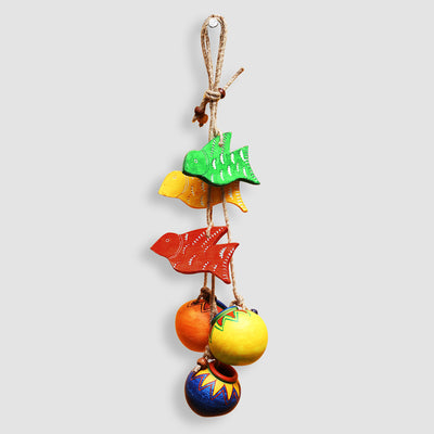 'Birds & Matkis' Hand-Painted Decorative Hanging In Wood & Terracotta