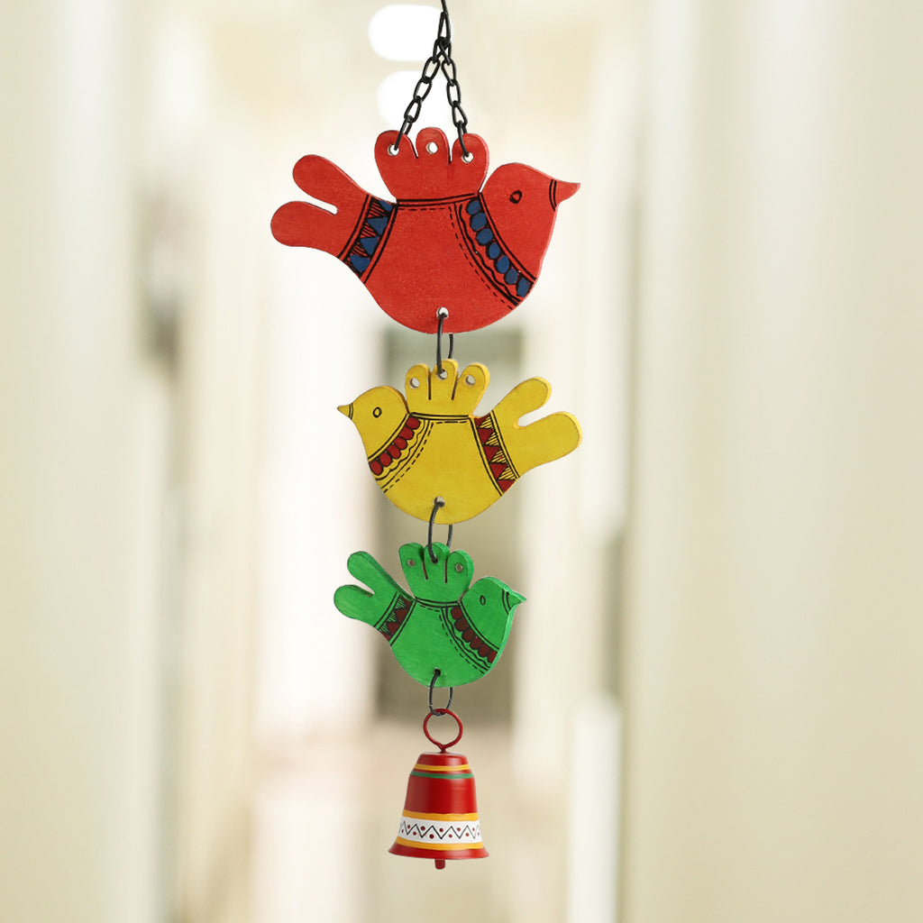 ‘Feathered Friends’ Hand-Painted Decorative Hanging Bell Wind Chime In Metal & Wood