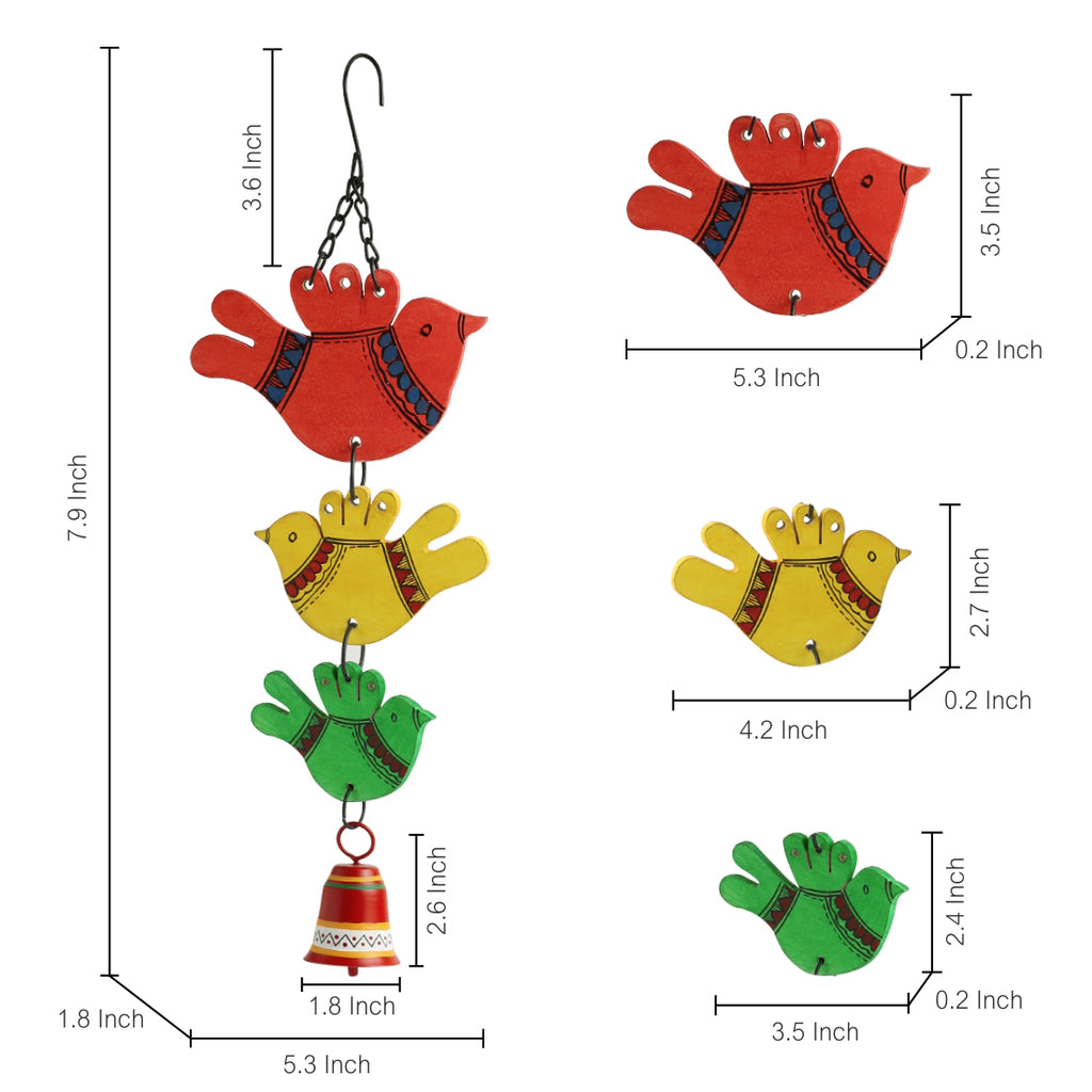 ‘Feathered Friends’ Hand-Painted Decorative Hanging Bell Wind Chime In Metal & Wood