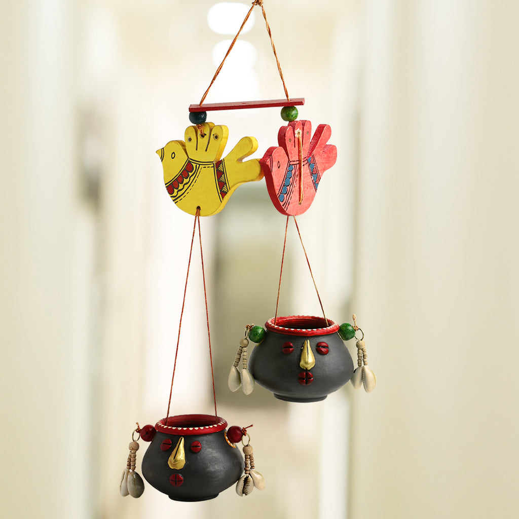 ‘Nesting Pot-Faces’ Hand-Painted Bird Decorative Hanging In Terracotta & Wood