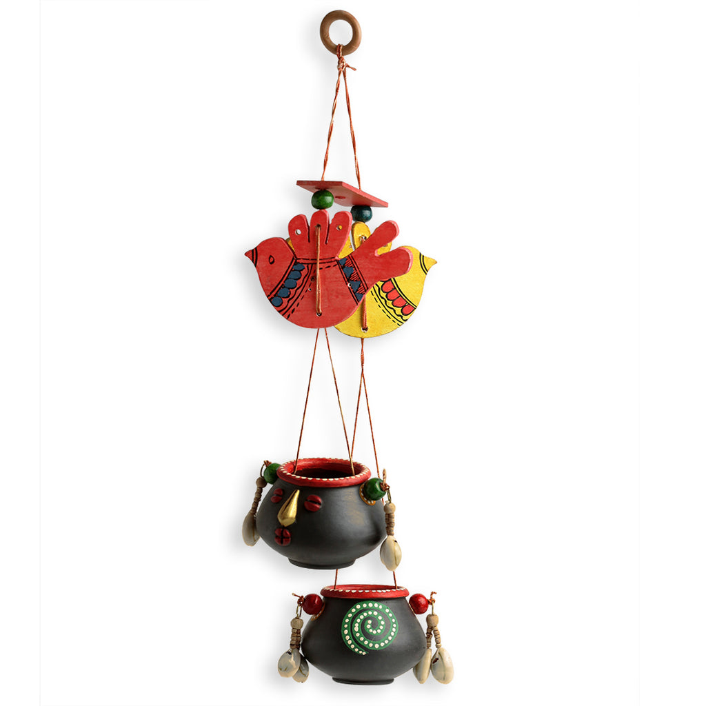 ‘Nesting Pot-Faces’ Hand-Painted Bird Decorative Hanging In Terracotta & Wood