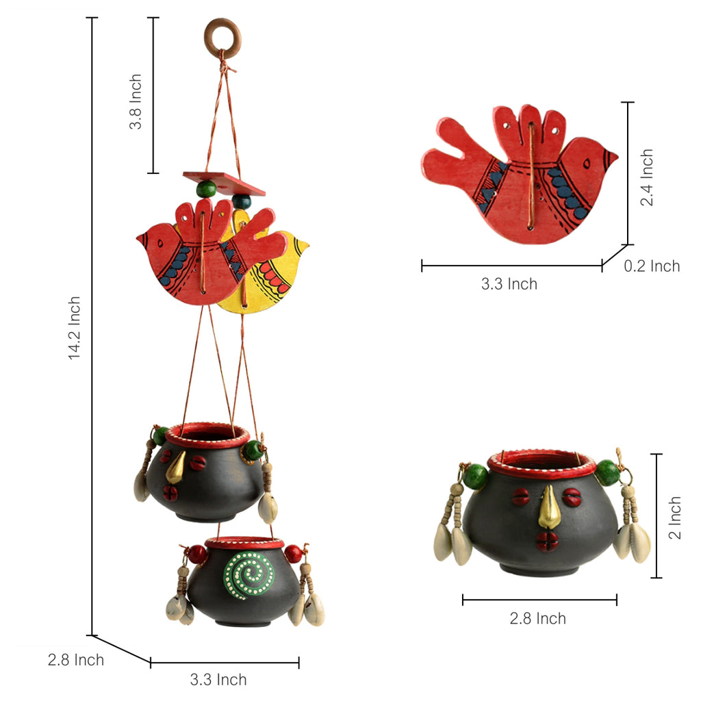 ‘Nesting Pot-Faces’ Hand-Painted Bird Decorative Hanging In Terracotta & Wood