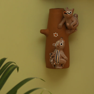 'Climbing Squirrels' Handmade Garden Decorative Table Cum Wall Showpiece In Terracotta
