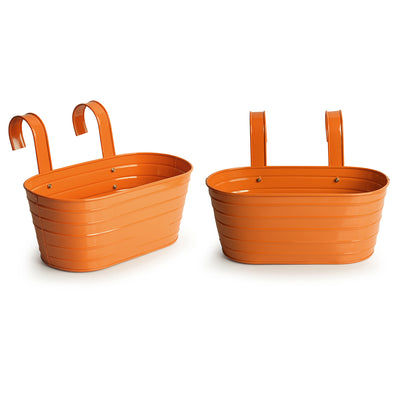 'Glossy Orange' Hand-Painted Metal Railing Cum Table Planters Pot (Set Of 2)