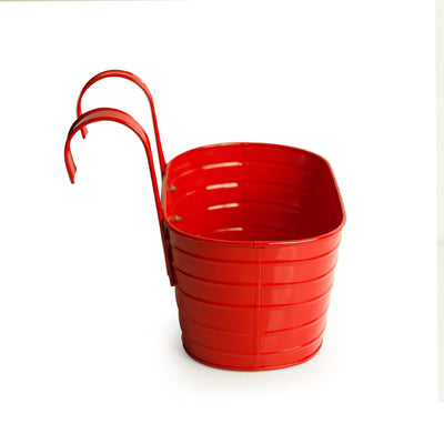 'Glossy Red' Hand-Painted Metal Railing Cum Table Planter Pot