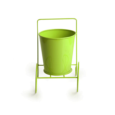 'Plant On Wheels' Table Cum Floor Planter Pot In Glossy Grass Green
