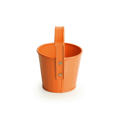 'Tiny Orange' Metal Hand-Painted Railing Cum Table Planters Pot (Set Of 2)