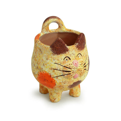 'Mellow Cat' Handmade & Hand-painted Planter Pot In Terracotta (6.5 Inch)