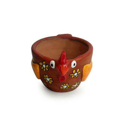 'Pecking Hen' Handmade & Hand-painted Planter Pot In Terracotta (4 Inch)