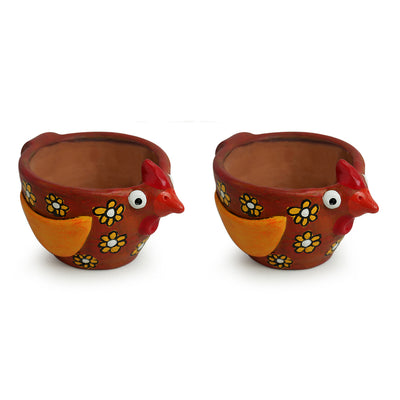 Pecking Hen Pair' Handmade & Hand-painted Planter Pots In Terracotta (4 Inch | Set of 2)
