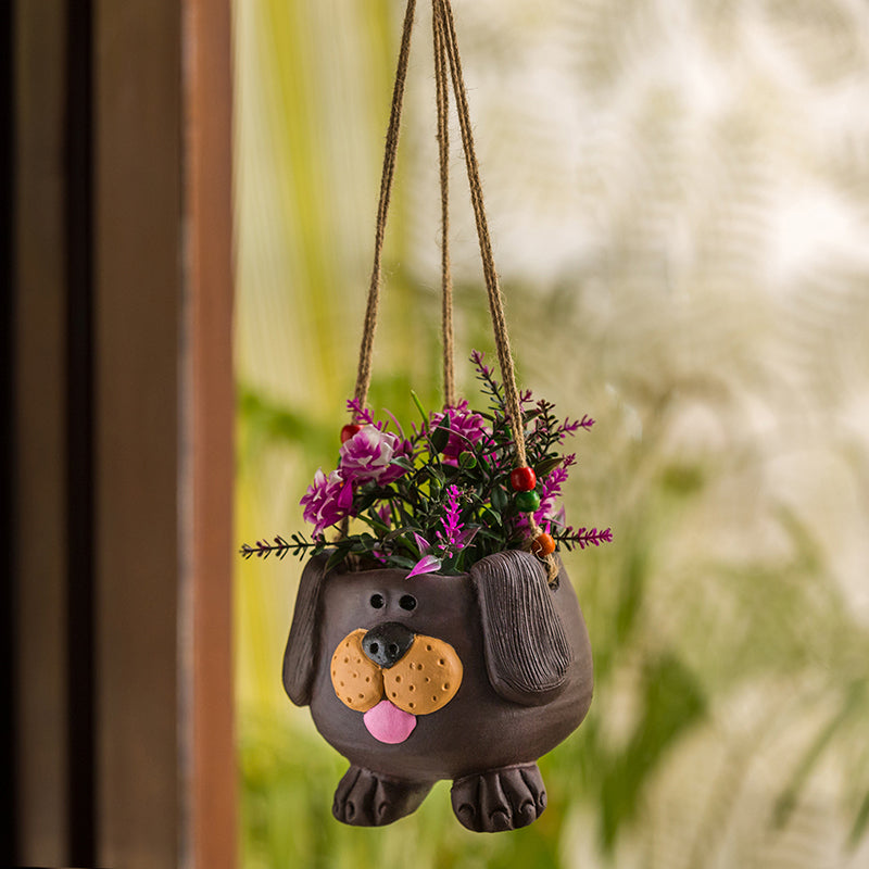 plant pot hanging animals 'Swinging Dog' Handmade & Hand-painted Hanging Planter Pot In Terracotta (14 cm)