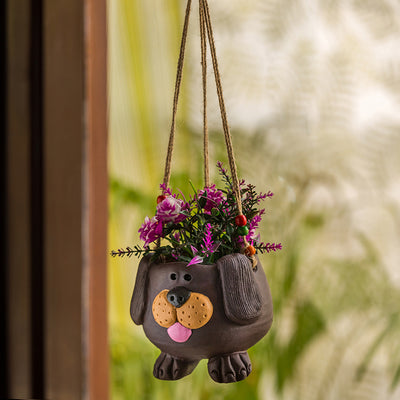 'Swinging Dog' Handmade & Hand-painted Hanging Planter Pot In Terracotta (5.5 Inch)