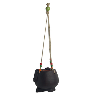 'Swinging Dog' Handmade & Hand-painted Hanging Planter Pot In Terracotta (5.5 Inch)