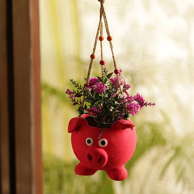 'Swinging Pig' Handmade & Hand-painted Hanging Planter Pot In Terracotta (5.5 Inch)