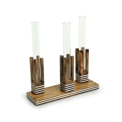 'Blooming Glass Trio Pillars' Handcrafted Planter Tubes With Wooden Holder (11 Inch)