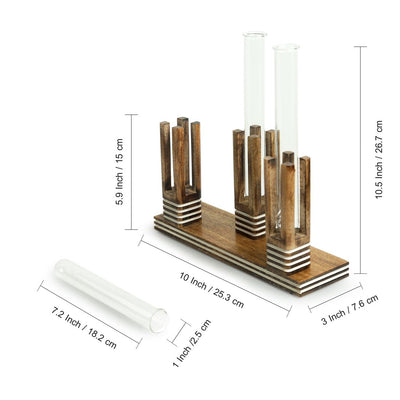 'Blooming Glass Trio Pillars' Handcrafted Planter Tubes With Wooden Holder (11 Inch)