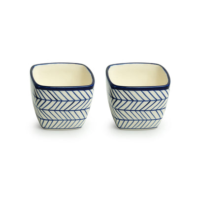 Indigo Chevron Duo' Hand-painted Ceramic Cuboidal Table Planter Pots (3.7 Inch | Set of 2)