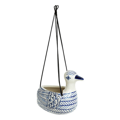 'Indigo Chevron Duck' Hand-painted Ceramic Hanging Planter Pot (6 Inch)
